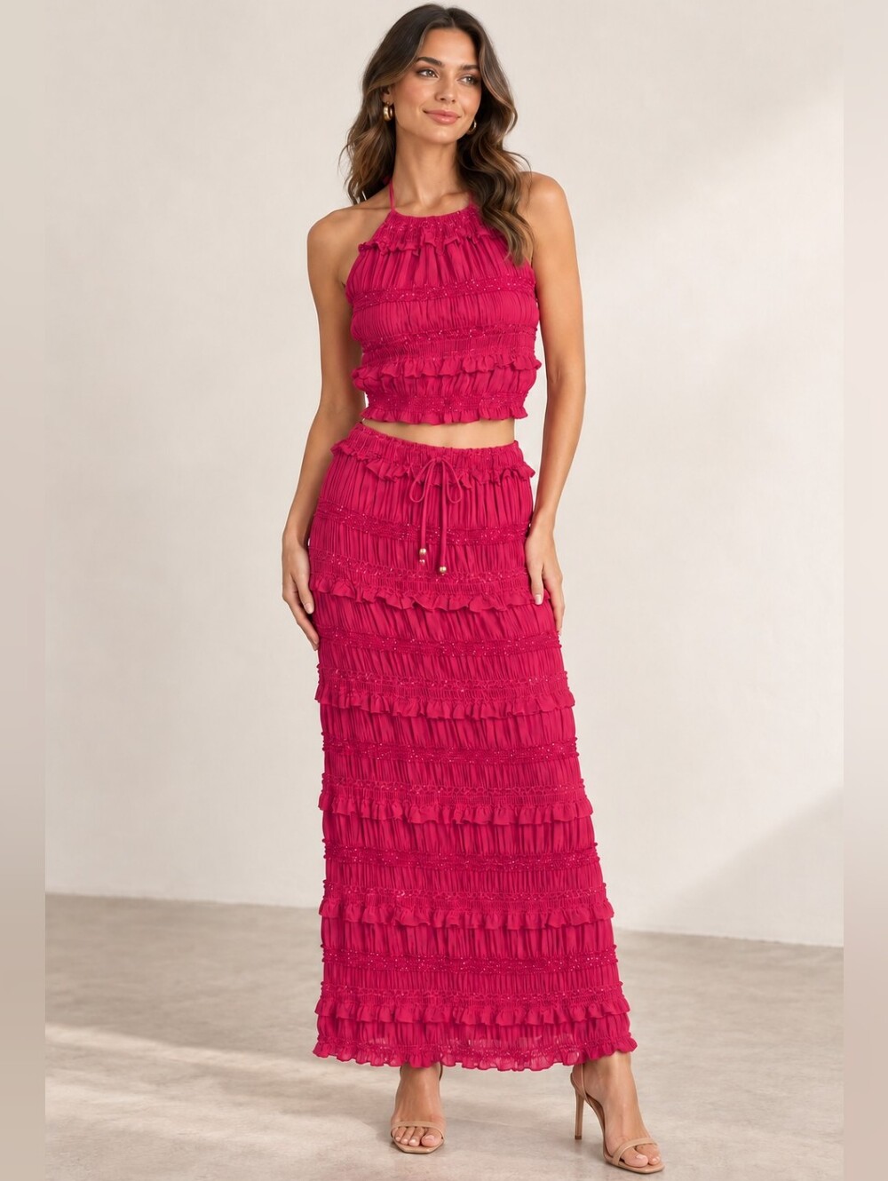 Fuchsia Red Boho Ruffle Halter Crop Top Maxi Skirt Two Piece Set M